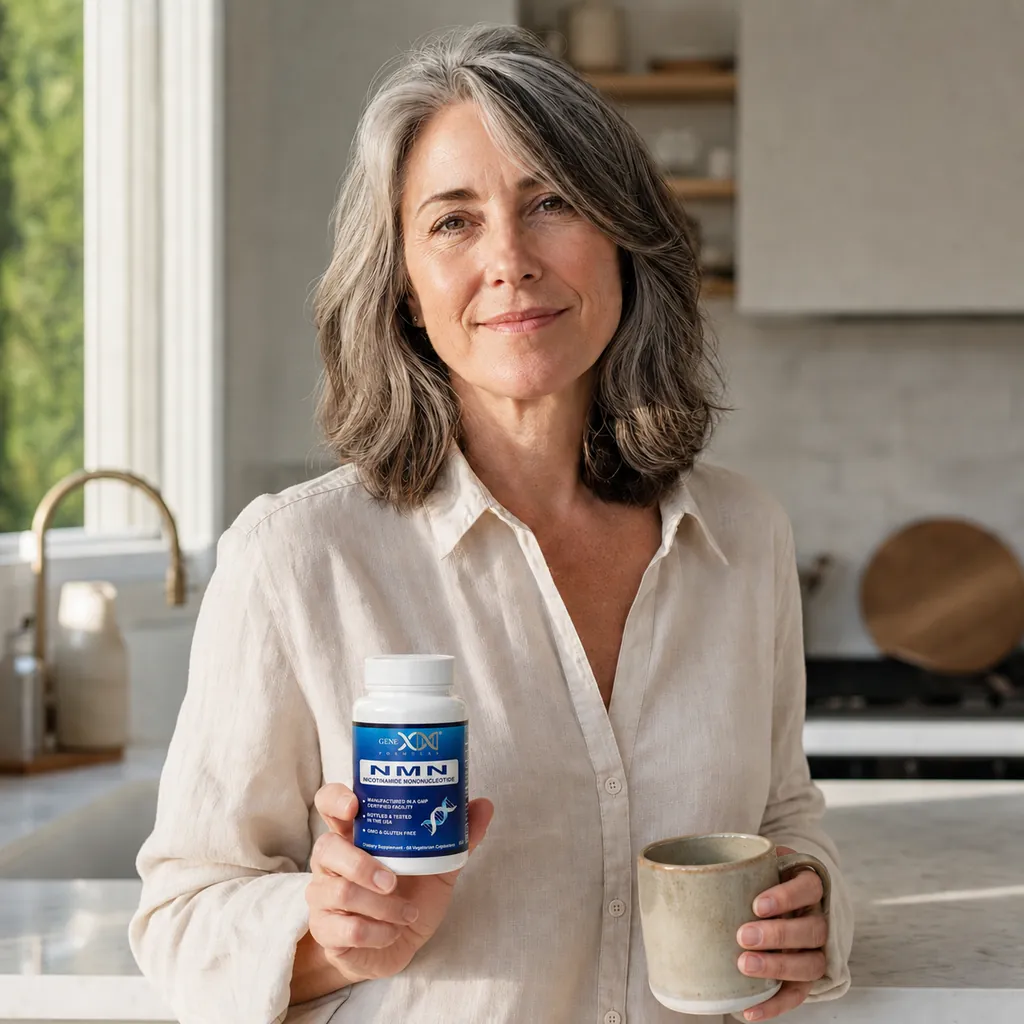 Woman in her early 50s in a sunlit kitchen holding the Genex NMN bottle next to a morning mug