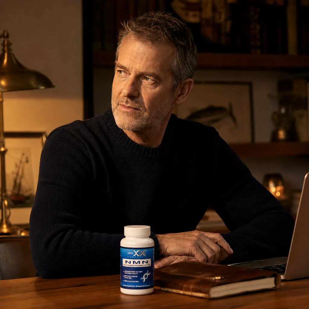Man in his mid 50s at a warm-lit home office desk with the Genex NMN bottle resting next to a notebook