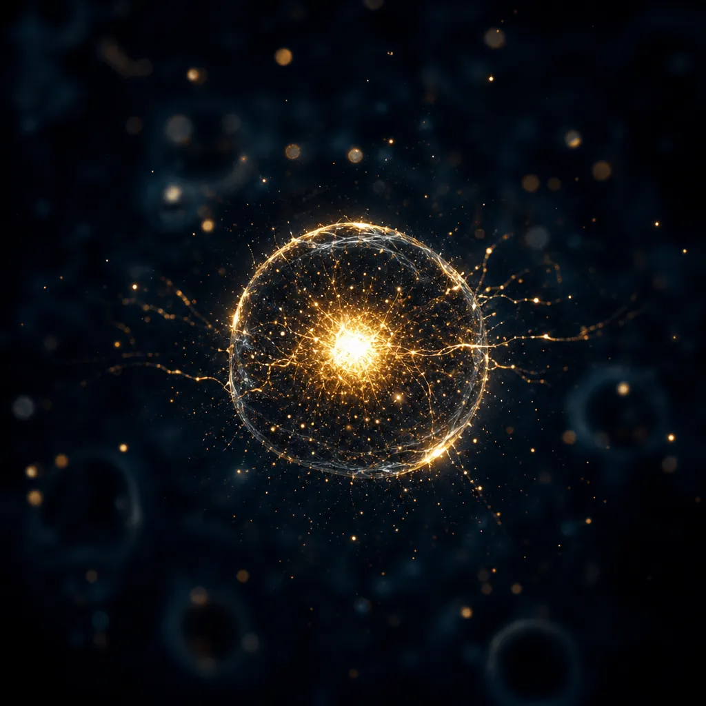 A single bright spark of light against a deep midnight-navy field, suggesting a cell igniting