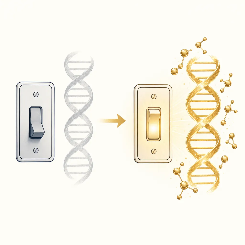 Two state diagram of a cellular repair switch: OFF state dim and grey on the left, ON state glowing gold with sirtuin proteins clustering on the right