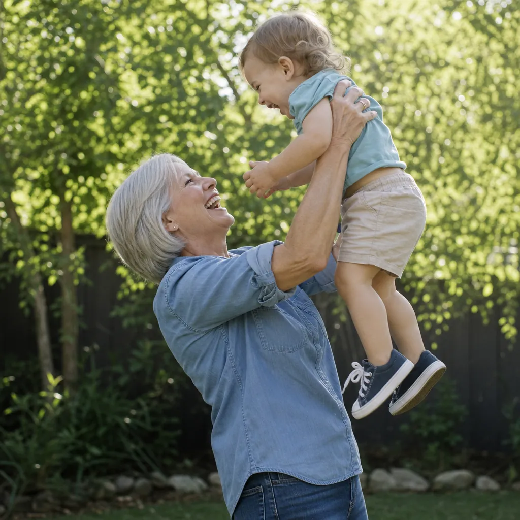 Energetic woman in her mid 50s laughing as she lifts a giggling toddler grandchild into the air in a sunny backyard