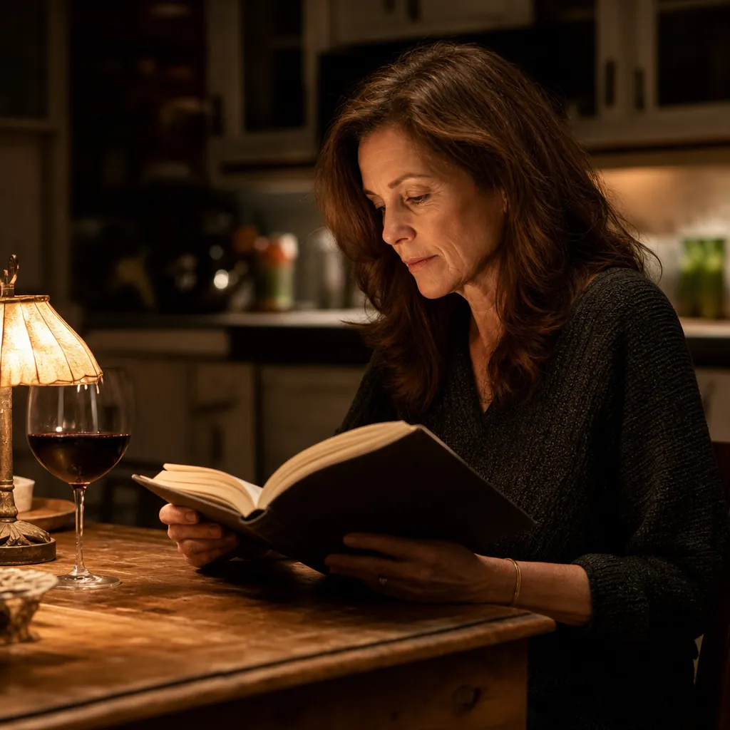 Woman in her early 50s reading a book by warm lamp light at a wooden kitchen table in the evening