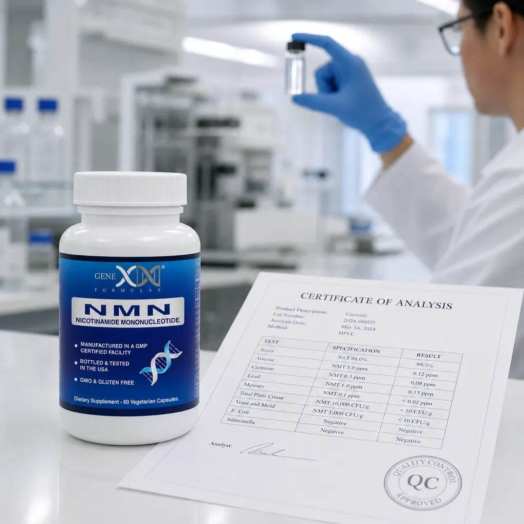 The Genex NMN bottle and a Certificate of Analysis on a clean white lab benchtop with a gloved technician holding a sample vial in the soft-focus background